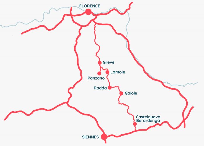 Carte de l'itinéraire du road trip sur les routes du Chianti en Toscane